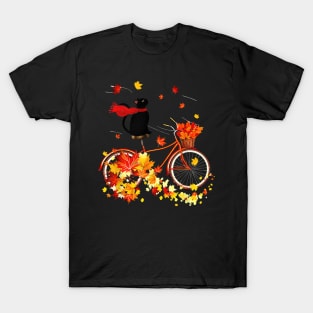 Black Cat Cycling Fall Maple Leaves Thanksgiving T-Shirt